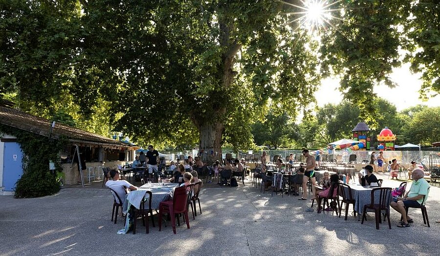 Vakantiegangers onder platanen op het terras van camping Le Moulin bij Toulouse, met speeltuin op de achtergrond.