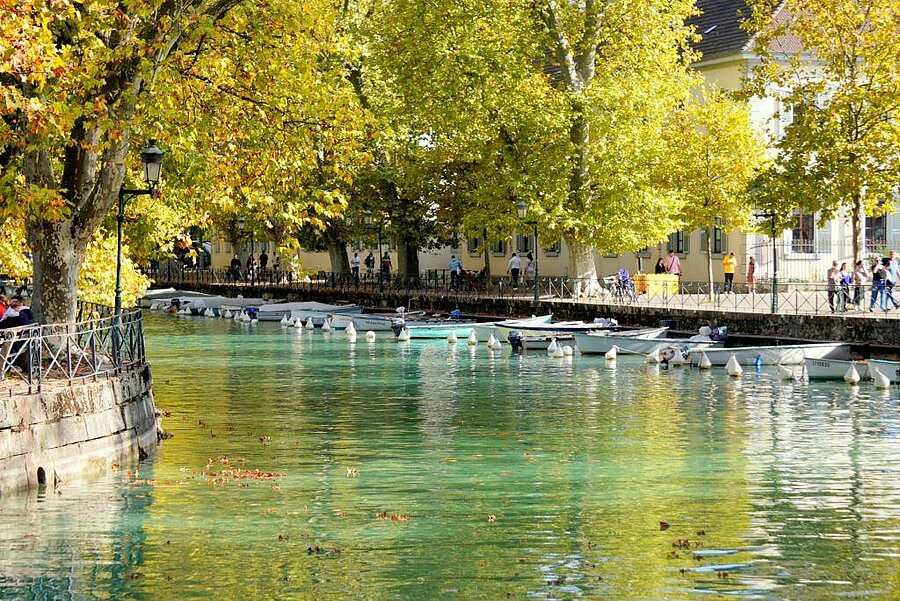 Aangemeerde bootjes aan het kanaal van Annecy met herfstkleuren