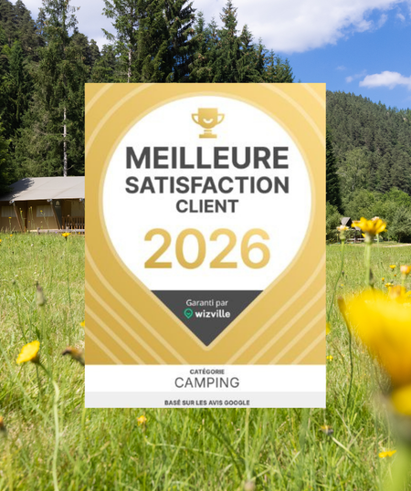 [Translate to Néerlandais:] Badge Prix Meilleure Satisfaction Client 2026 obtenu par les campings Sites et Paysages grâce aux avis Google des vacanciers (note moyenne 4,41/5).