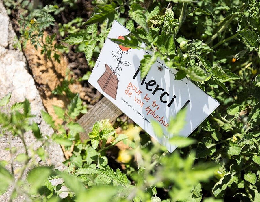 Educatief bordje dat aanzet tot het sorteren van schillen, geplaatst in de moestuin van een ecolabel-camping in Frankrijk, teken van ecologisch engagement.