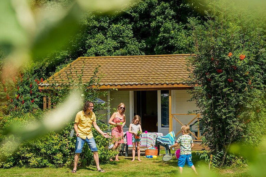 Gezin voor een houten chalet midden in de natuur op een charme camping in de Vogezen, ideaal voor een comfortabele en gezellige huurvakantie