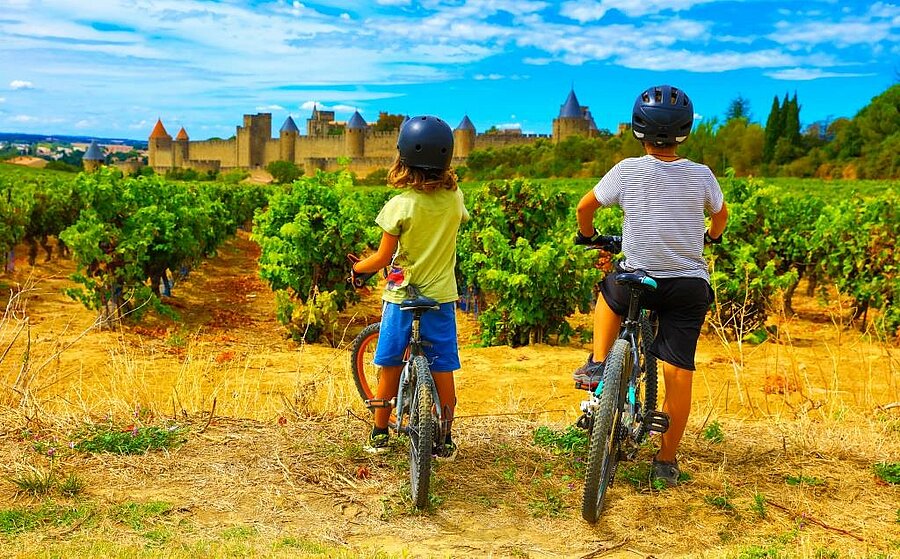 Twee kinderen op de fiets voor wijngaarden met uitzicht op de middeleeuwse stad Carcassonne in de Occitaanse natuur.