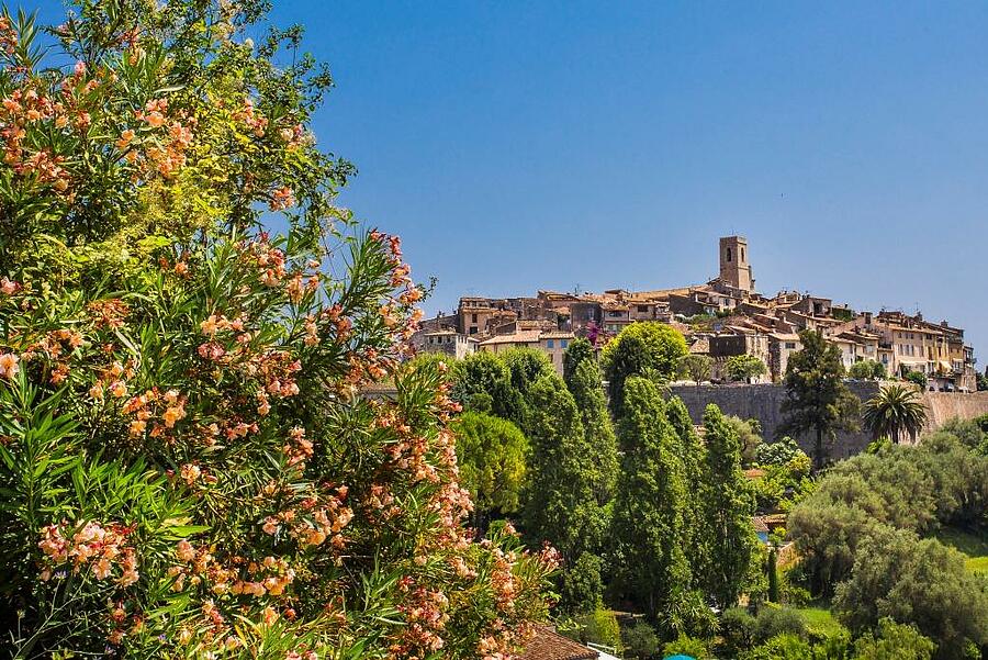 Pittoresk dorpje in lentekleuren met bloeiende bomen.