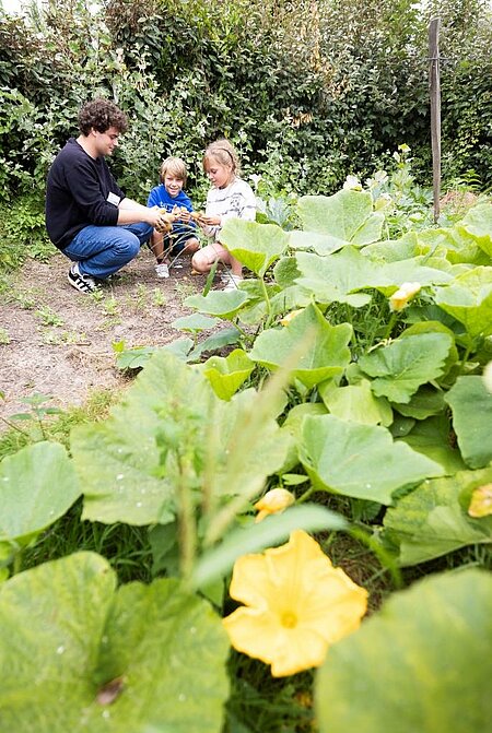 Natuuractiviteit met kinderen in een moestuin op de camping, een illustratie van het engagement van Sites et Paysages voor een duurzaam en participatief toerisme.