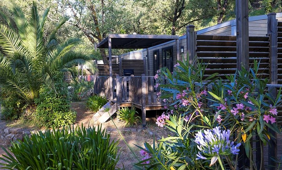 Moderne stacaravan met overdekt terras, omringd door palmen en mediterrane bloemen op een camping bij Nice.