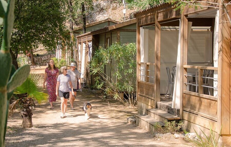 Gezin wandelt langs houten stacaravans omgeven door groen op een camping in de regio PACA, een rustige en comfortabele omgeving voor een geslaagde vakantie.