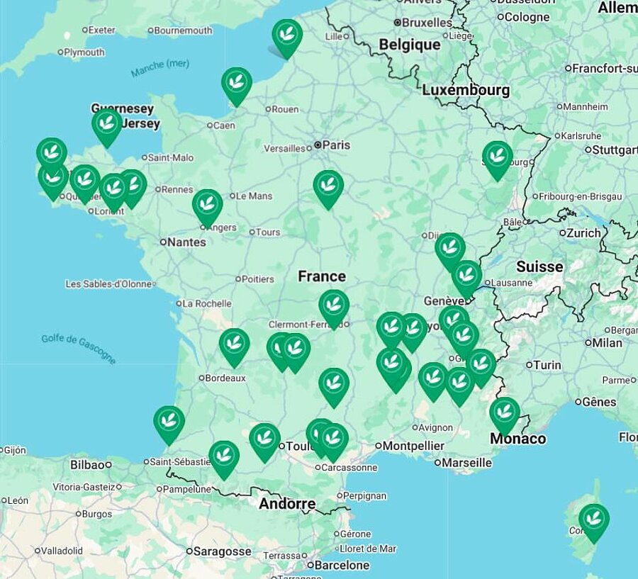 Interactieve kaart met alle Sites et Paysages charme campsites verspreid door heel Frankrijk.