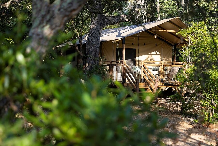 Comfortabele lodgetent met houten terras tussen de bomen op een camping op Corsica