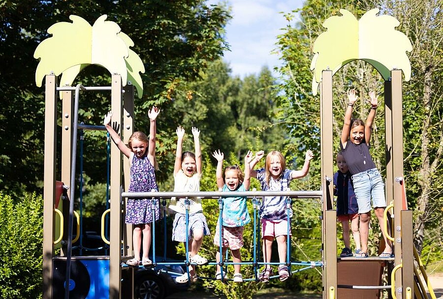 Kinderen spelen op een speelplaats op de camping, vrolijke gezinsvakantie in een veilige natuurlijke omgeving.